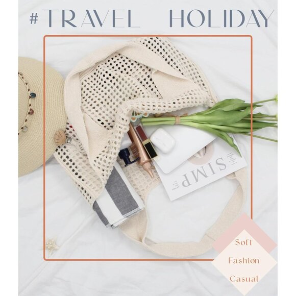 L-beige Crochet Tote Bag Summer Beach Elegant Knit Shoulder Bag with Macrame Hat - Picture 5 of 6